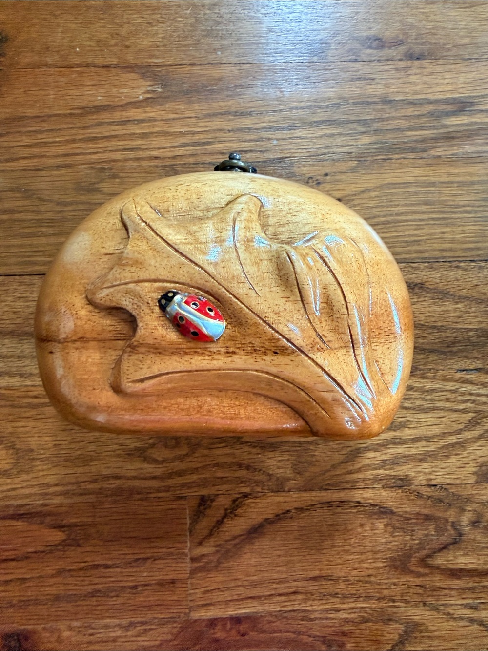 Timmy Woods Acacia Wood one of a kind clutch with strap- leaf and ladybug